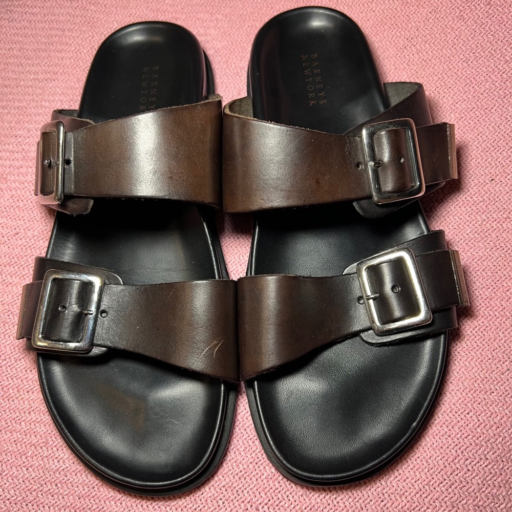 VTG Barneys New York Mens Brown Leather Double Buckle Sandals made in Italy 10M